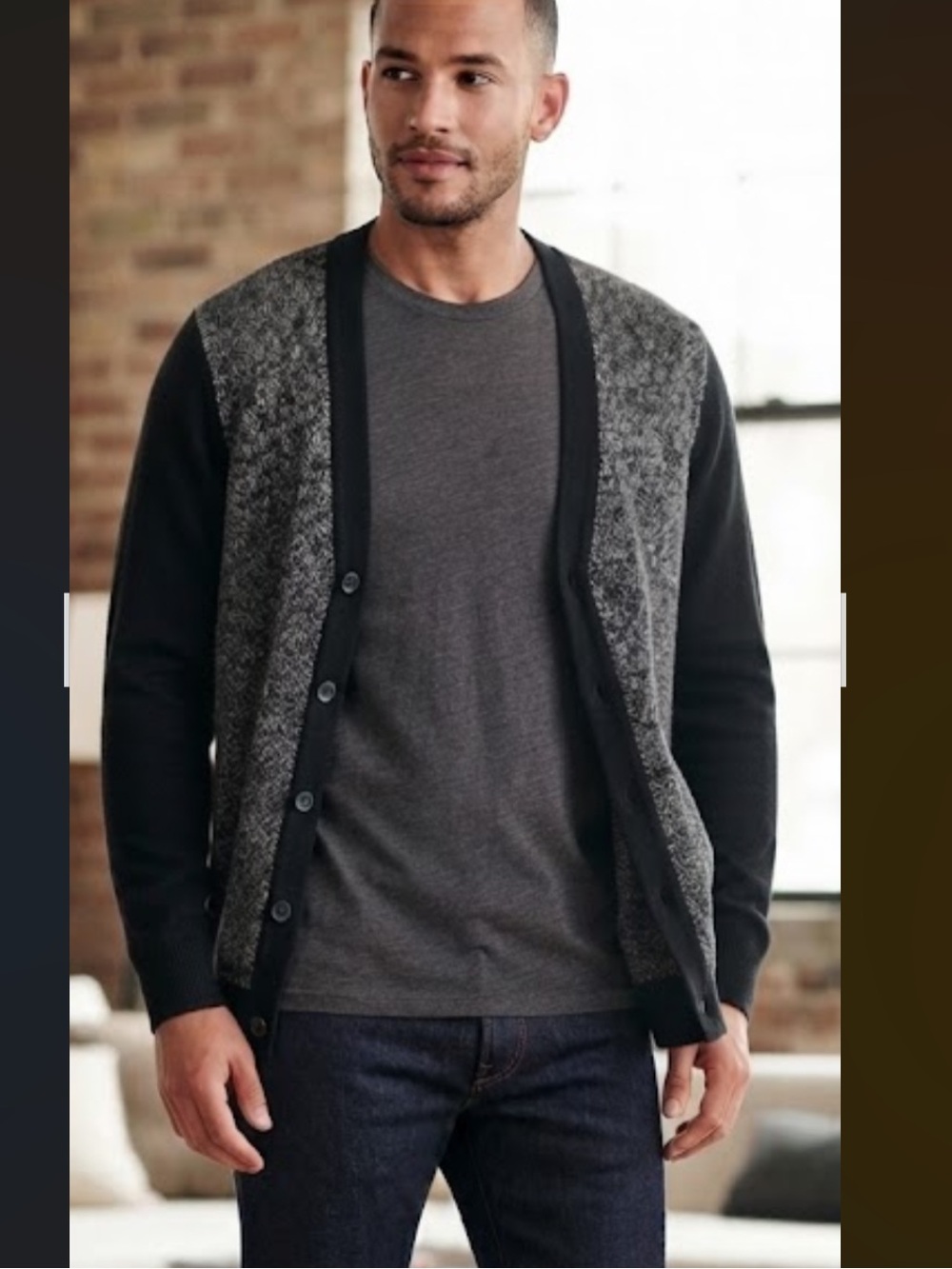 Jonathan Martin Men’s Cardigan Medium Charcoal Black Colorblock V-Neck